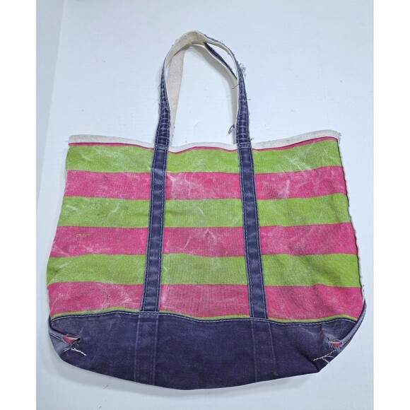 Vintage LL BEAN Boat Tote Striped Pink Blue Green Canvas Heavy Duty Zip Bag - Picture 7 of 14